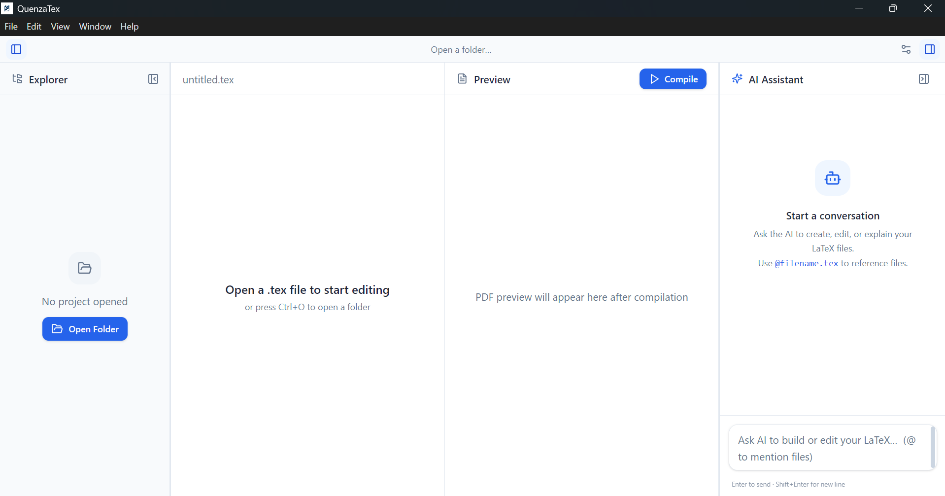 Quenzatex application interface showing the file explorer, LaTeX editor, PDF preview, and AI chat panel