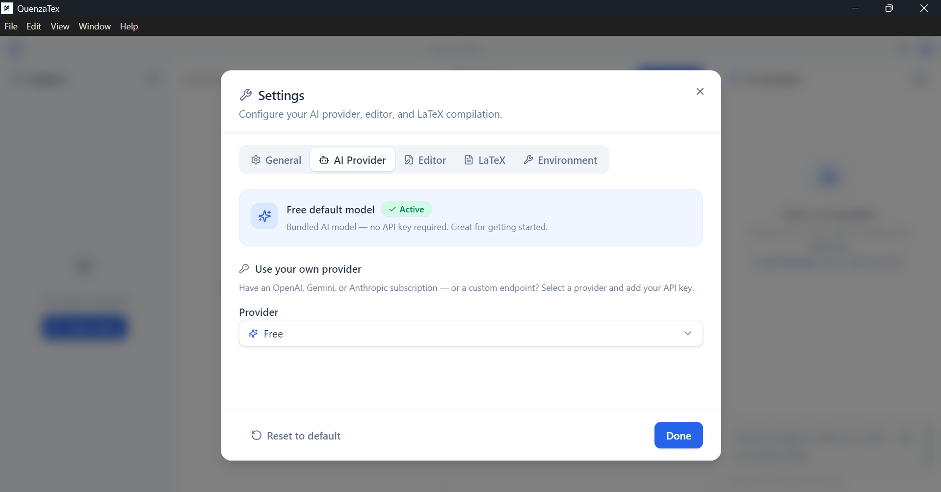 Quenzatex AI provider settings page